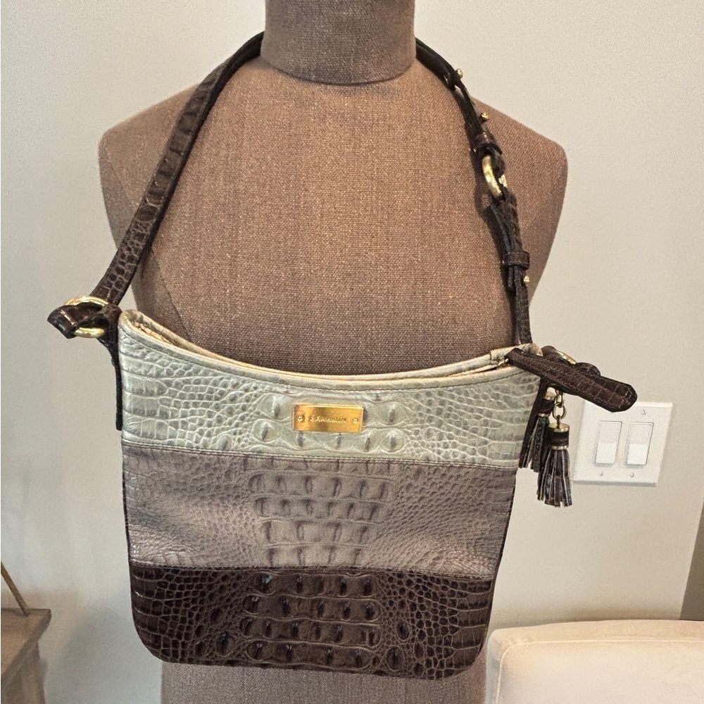 Brahmin Crocodile Embossed Shoulder Bag in Gray and Brown